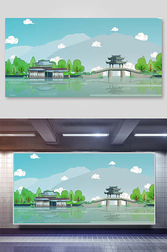 清新绿色中国风古代建筑城楼城墙湖泊插画素材