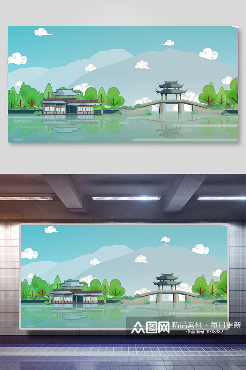 清新绿色中国风古代建筑城楼城墙湖泊插画素材素材