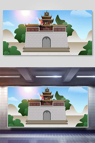 清新简洁中国风古代建筑城楼城墙插画素材