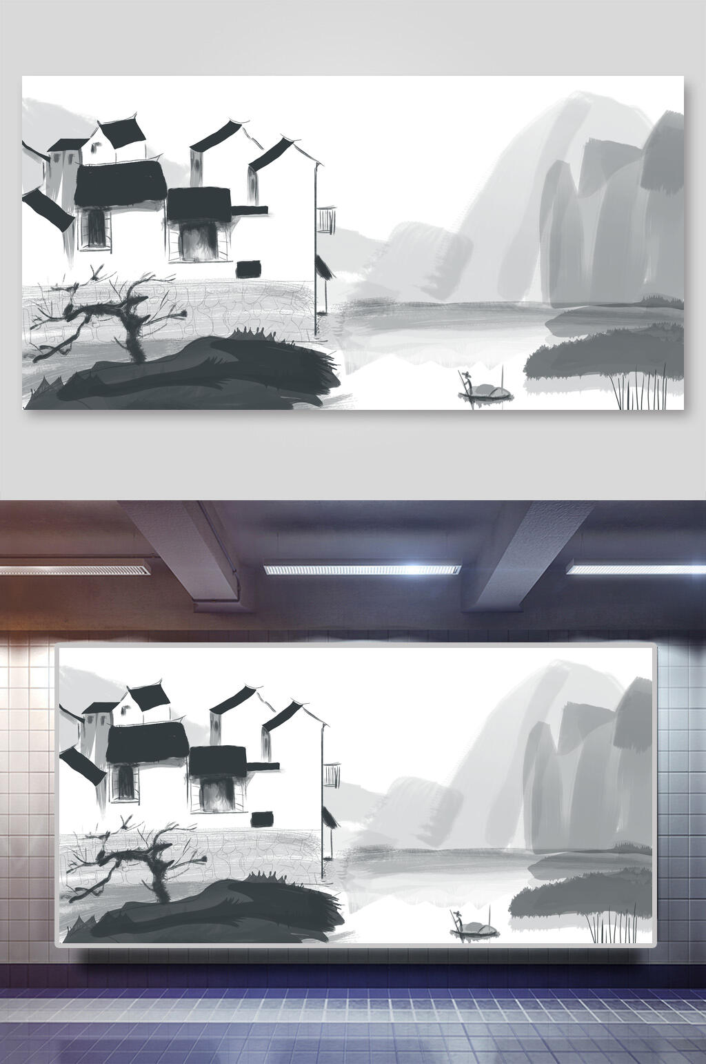水墨中国风古代建筑城楼城墙插画素材素材