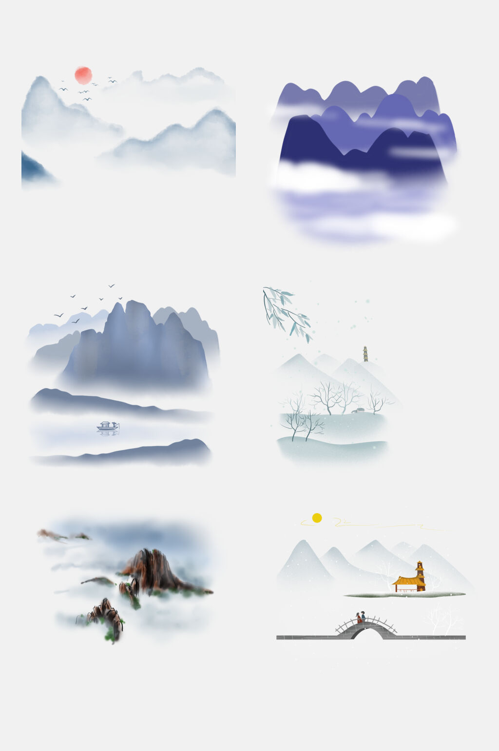 清新简洁中国风水墨山水风景免抠素材素材