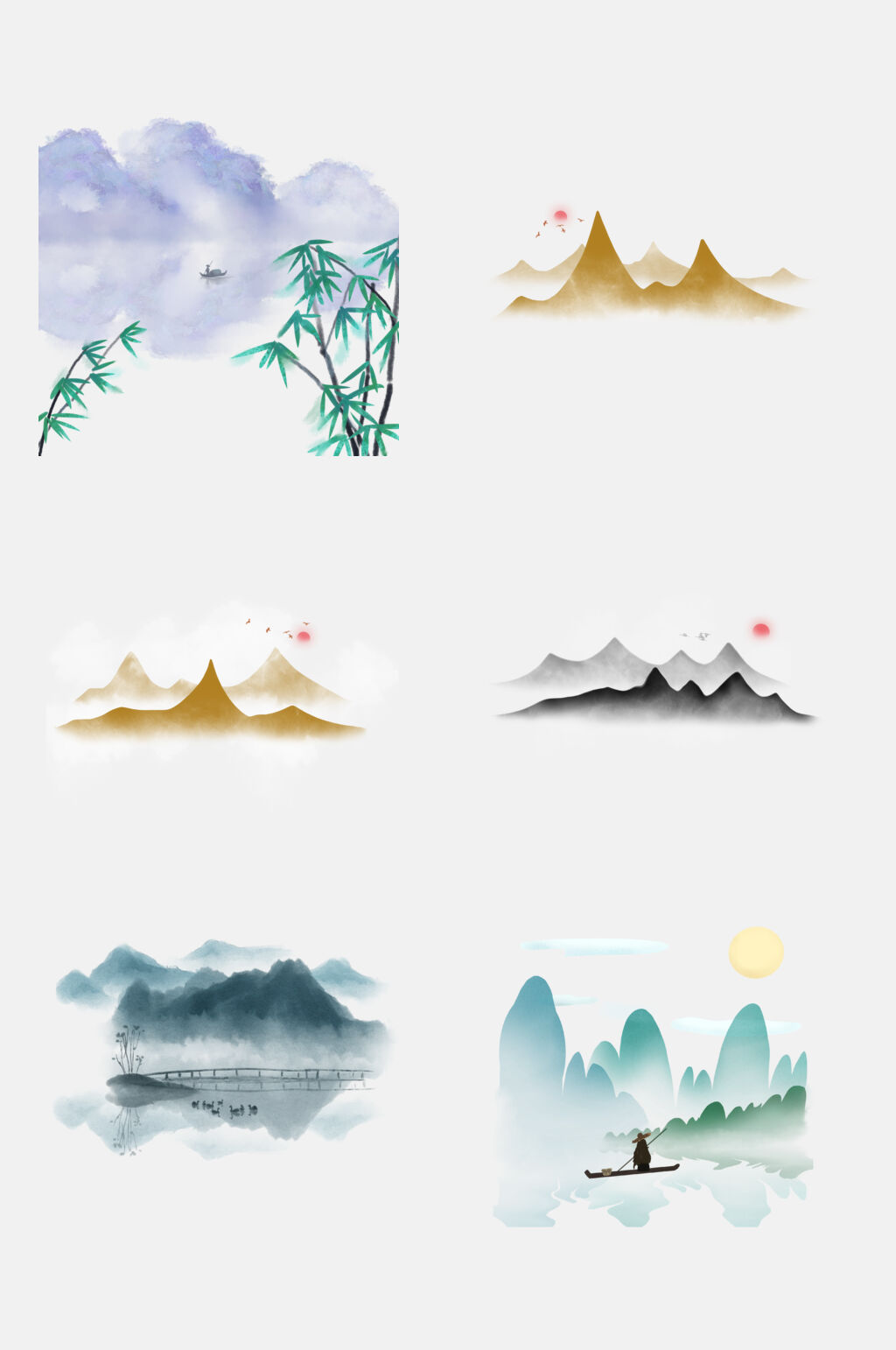 清新水彩古风中国风水墨山水免抠素材素材