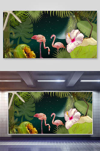热带植物火烈鸟背景素材展板