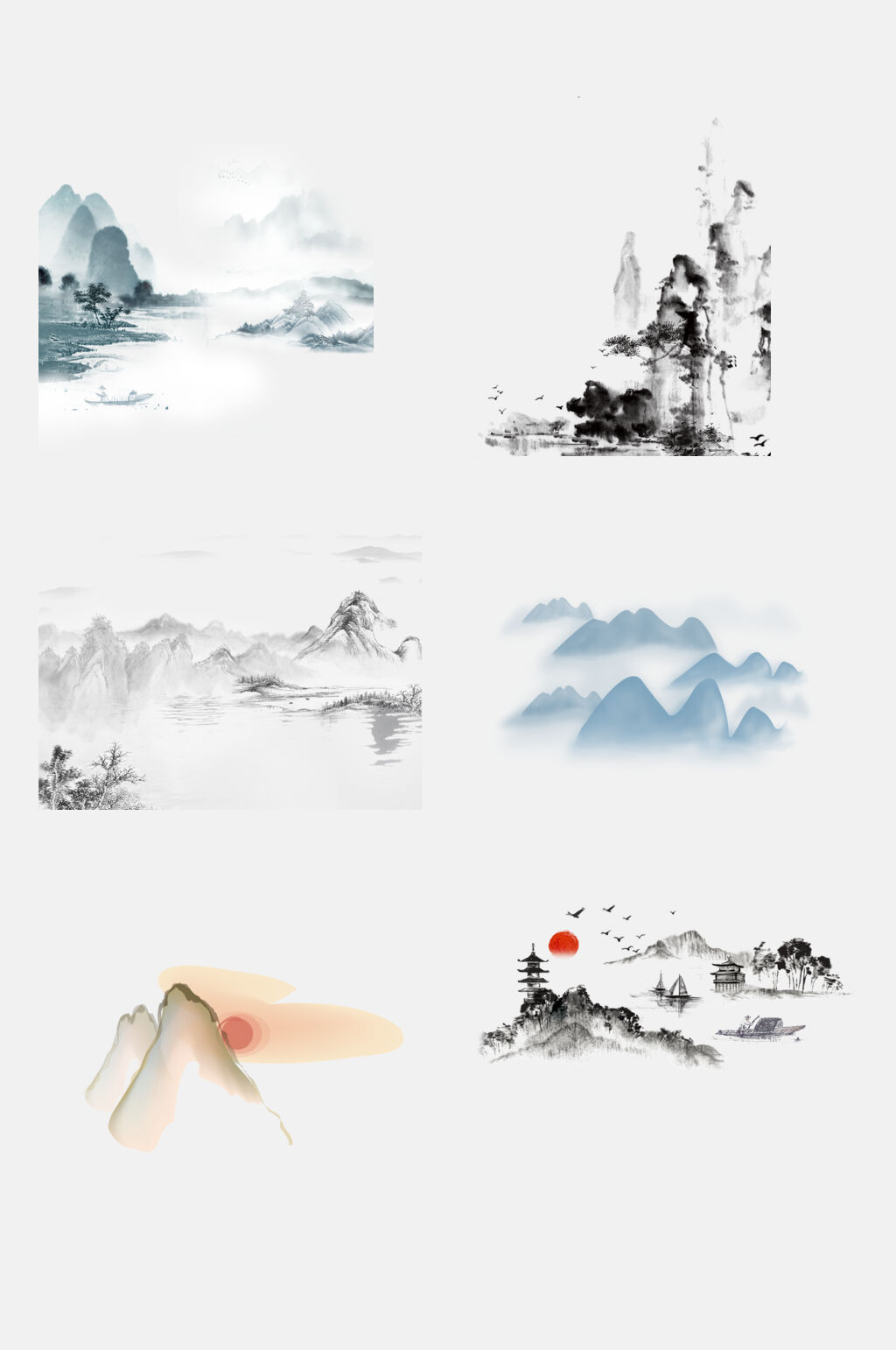 极简中国风水墨山水夕阳日出免抠素材素材