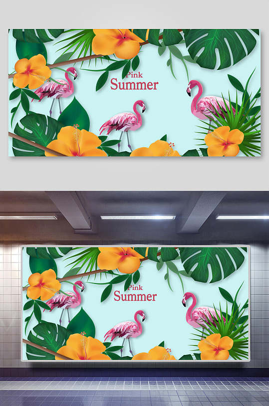夏日热带植物火烈鸟背景素材