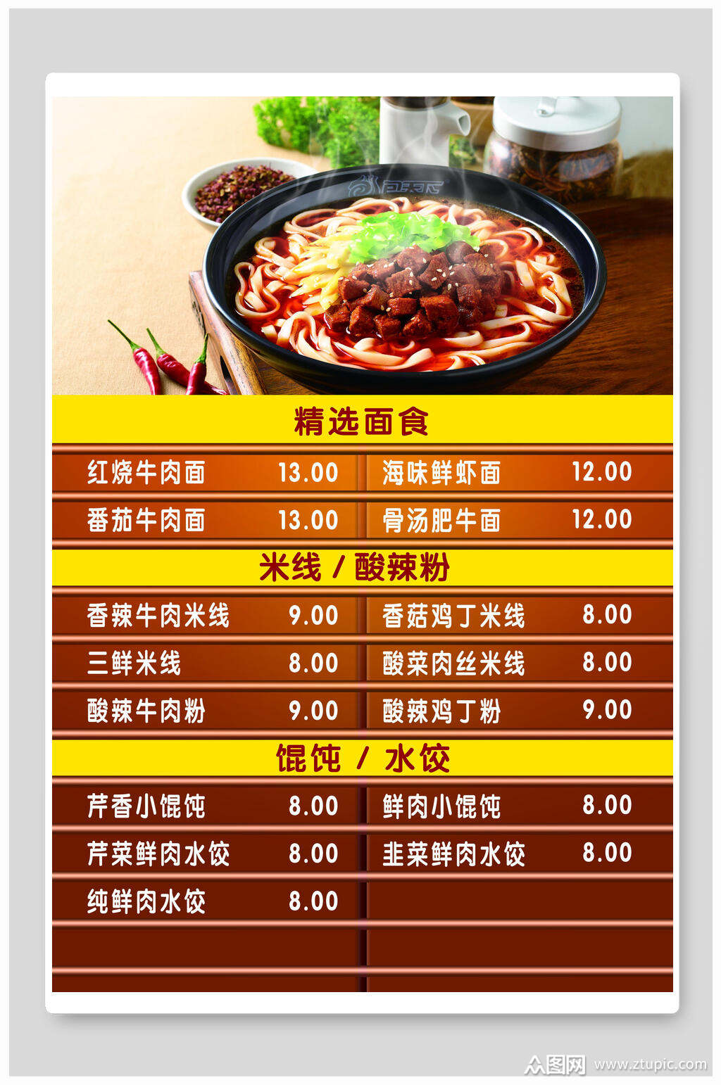 美味面馆店价格表海报素材