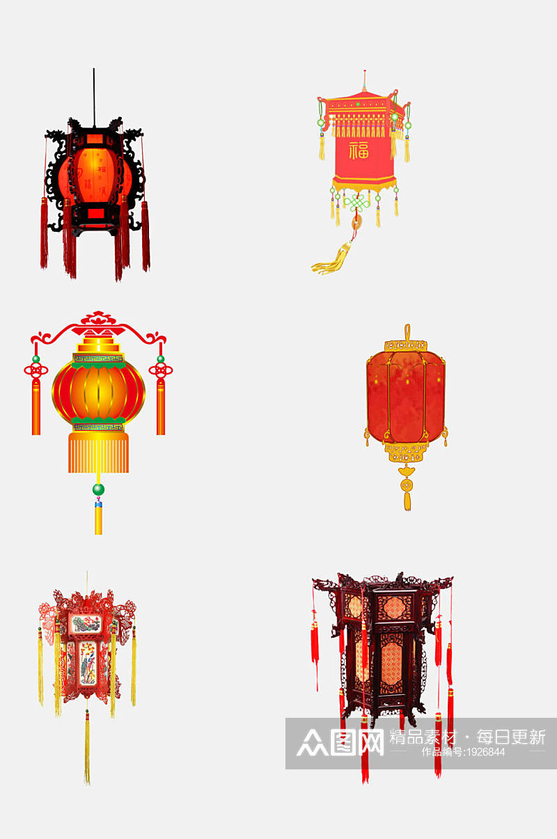 中式红色灯笼灯花免抠设计元素素材