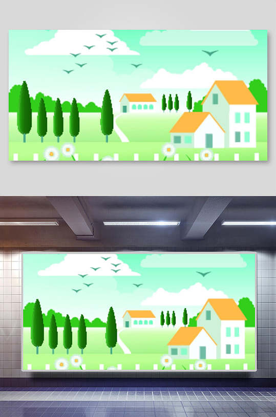 家园新农村乡村风景插画素材-众图网