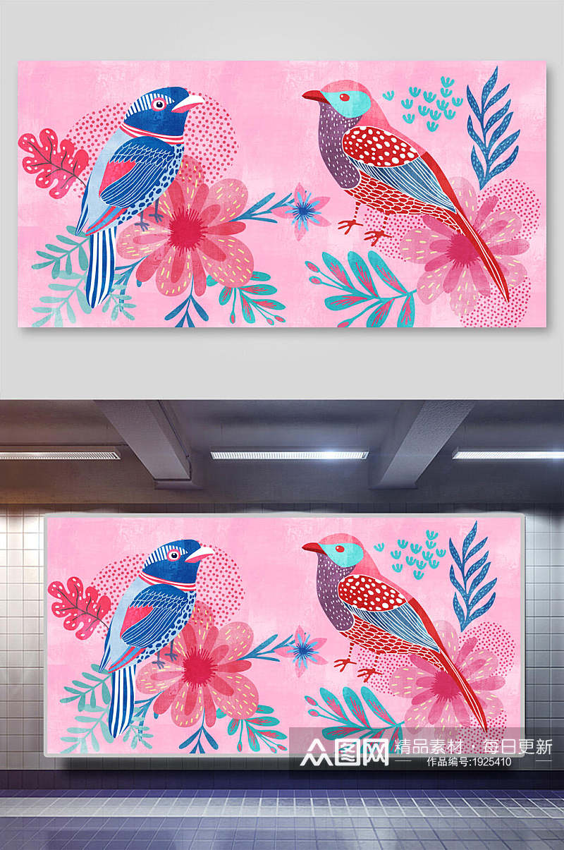 粉色热带植物花卉火烈鸟动物背景素材素材