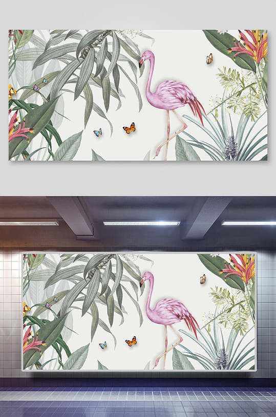 水彩风手绘热带植物火烈鸟动物背景素材
