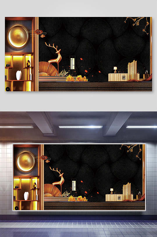 高端黑金中式地产企业会议年会背景素材-众图网