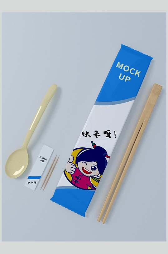 卡通可爱筷子餐具包装整套VI样机效果图