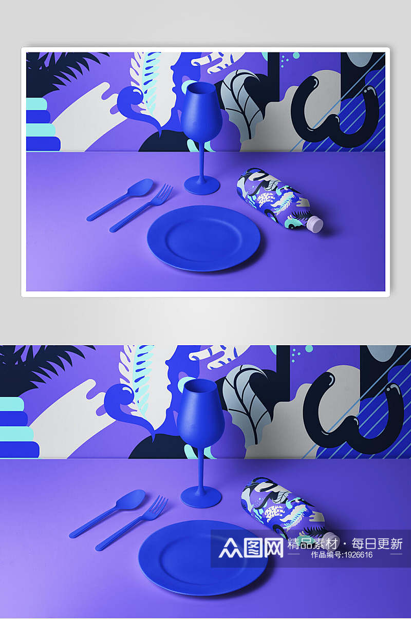 清新蓝色餐具贴图整套VI样机效果图素材