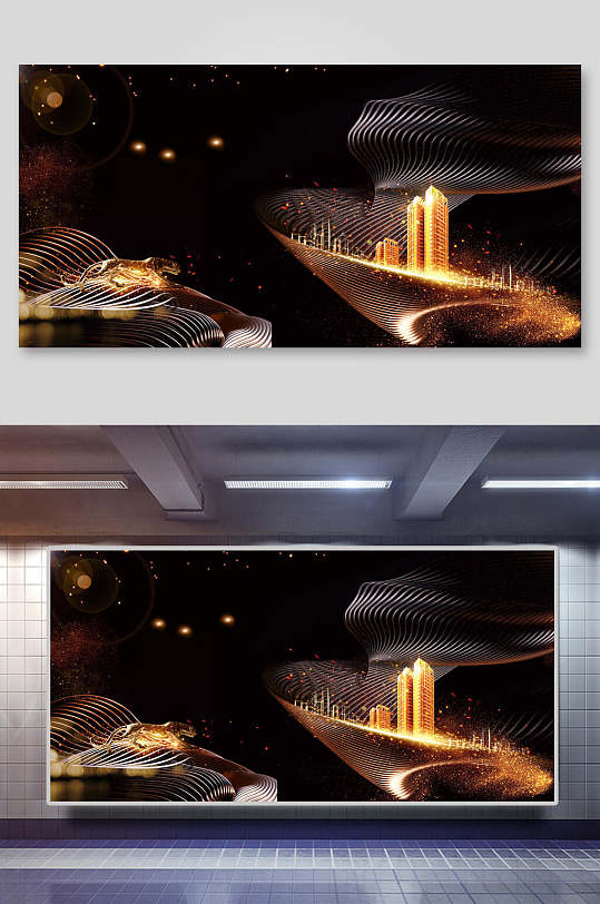 金色图形线条黑金企业会议年会背景展板-众图网