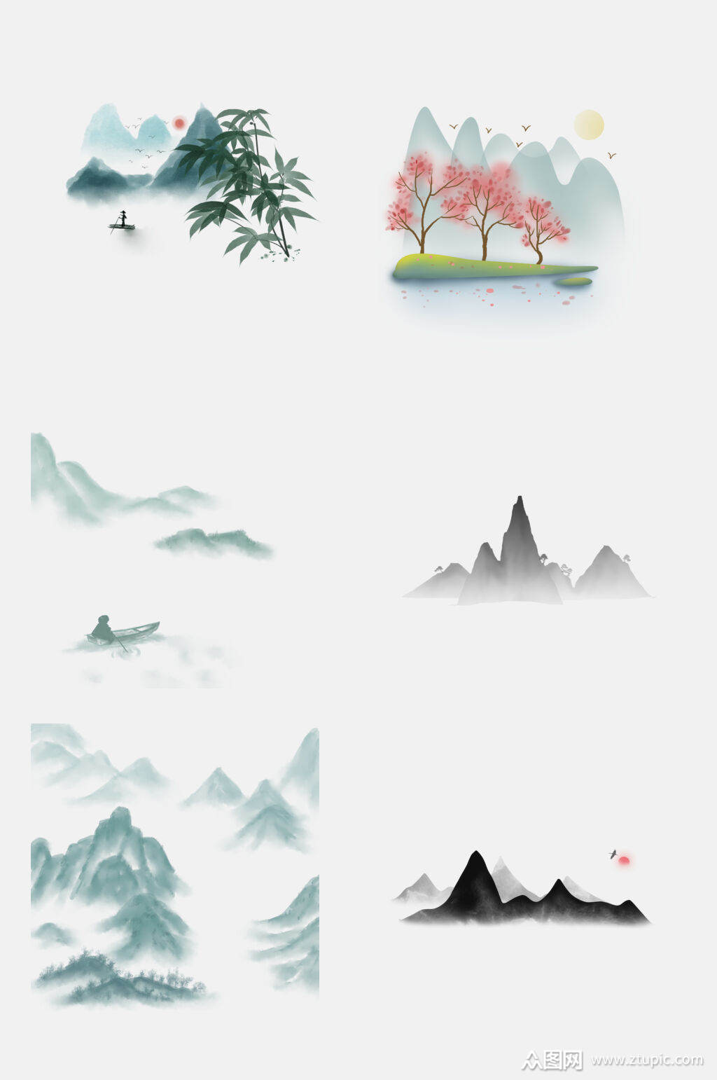 唯美中国风水墨山水免抠素材