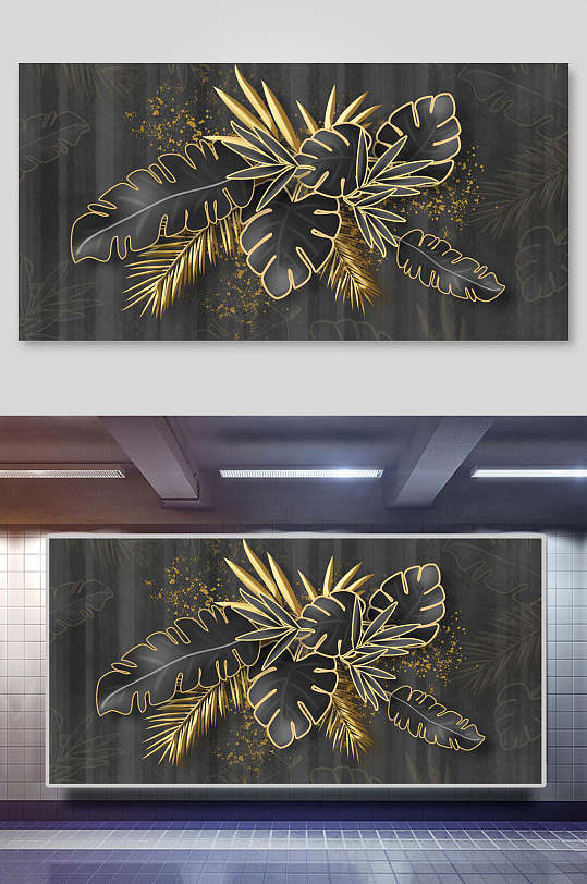 黑金手绘创意热带植物火烈鸟背景素材