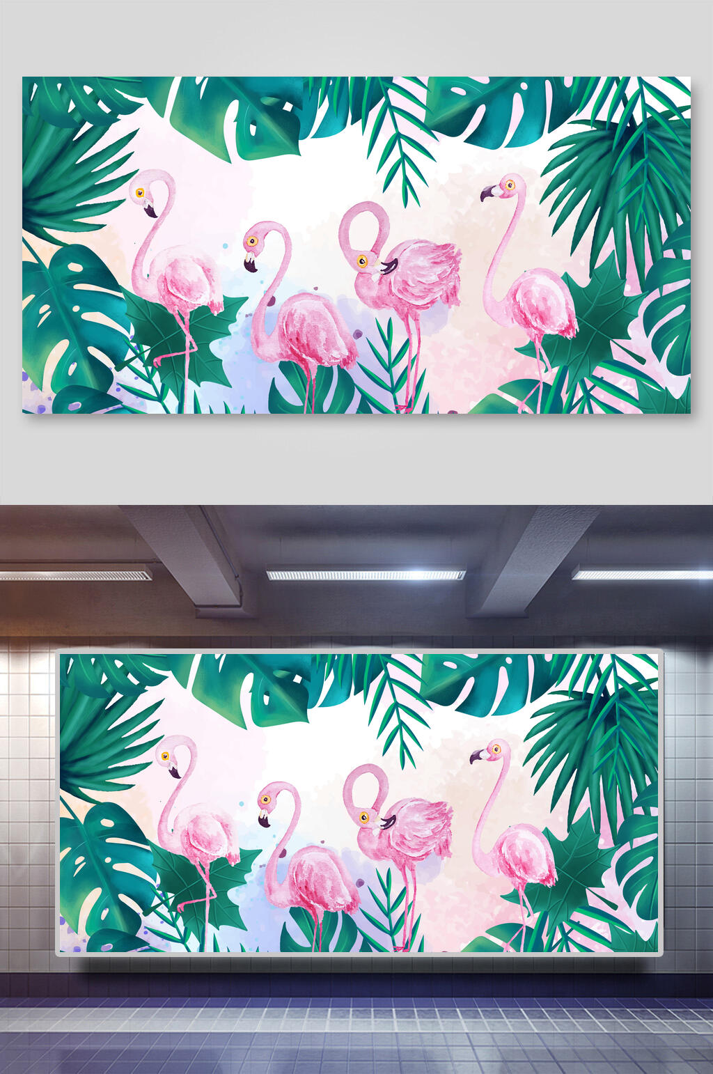 清新绿色唯美热带植物火烈鸟背景素材素材