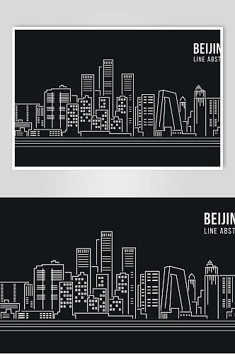手绘黑白线描城市建筑矢量素材