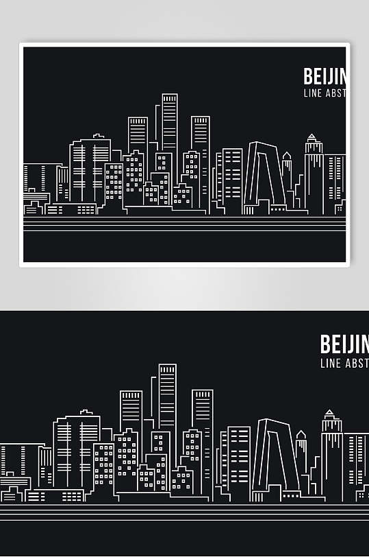 手绘黑白线描城市建筑矢量素材