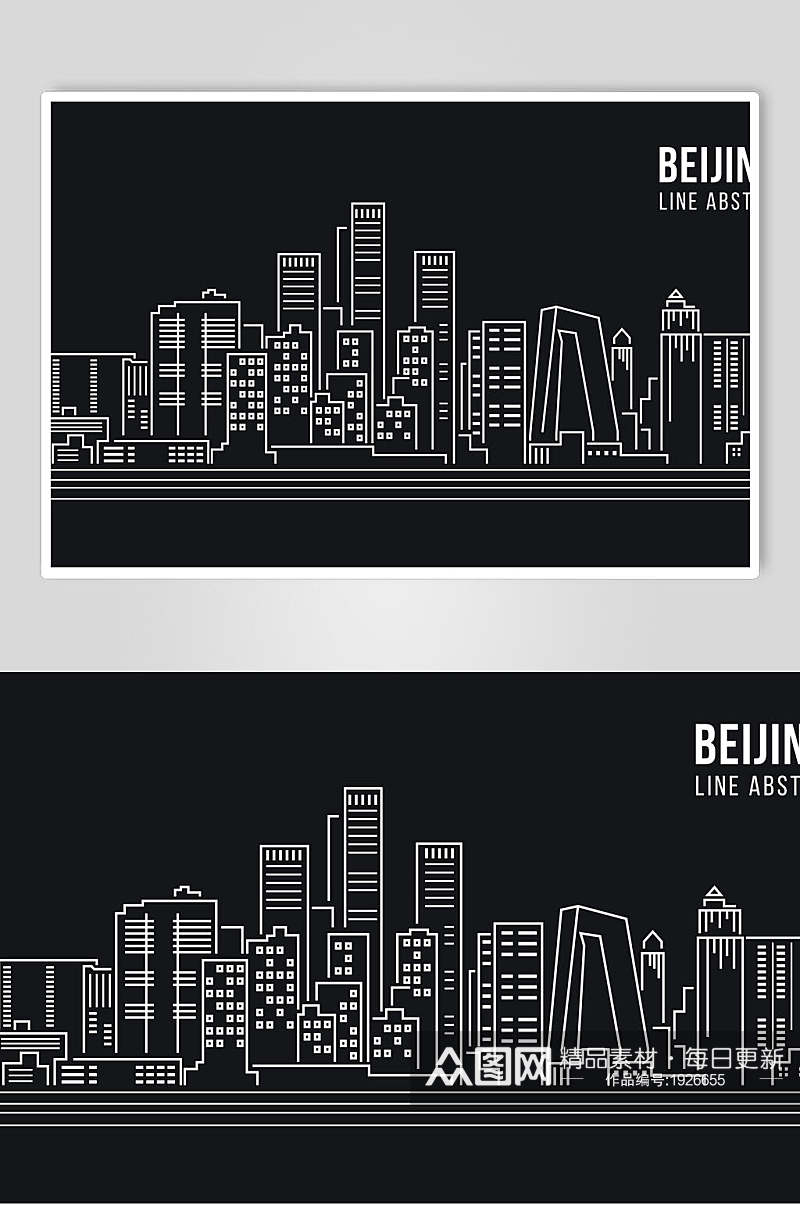 手绘黑白线描城市建筑矢量素材素材