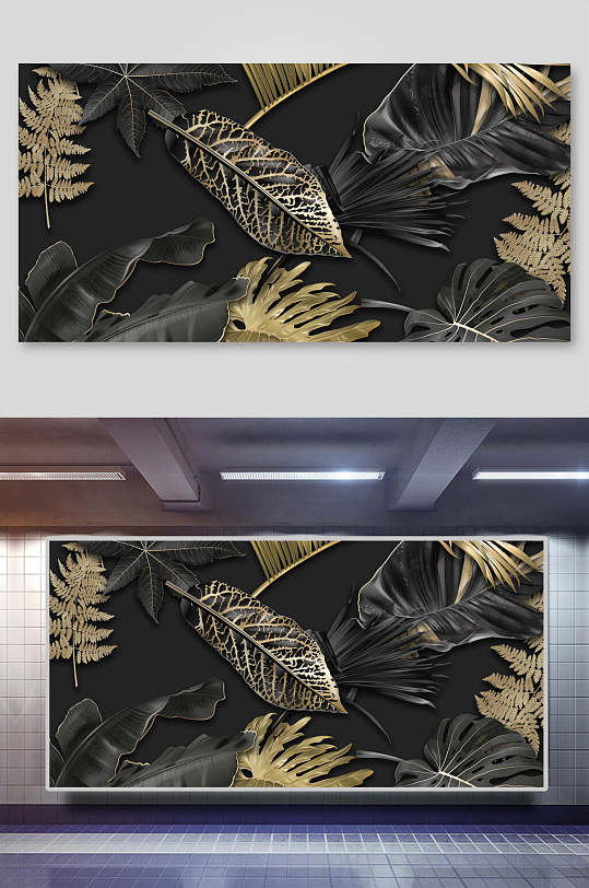 金色羽毛热带植物火烈鸟背景素材展板