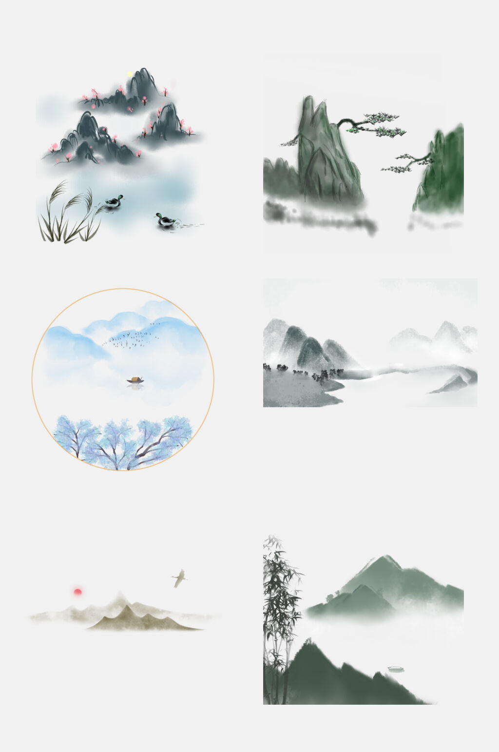 创意古风中国风水墨山水景观免抠素材素材
