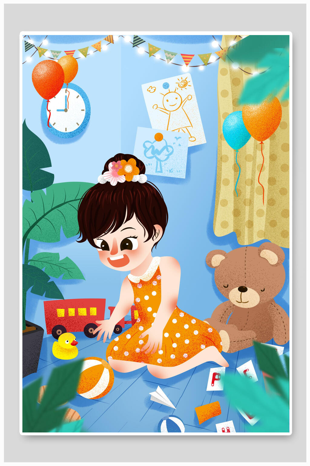 清新儿童节玩具玩偶绘画插画素材素材