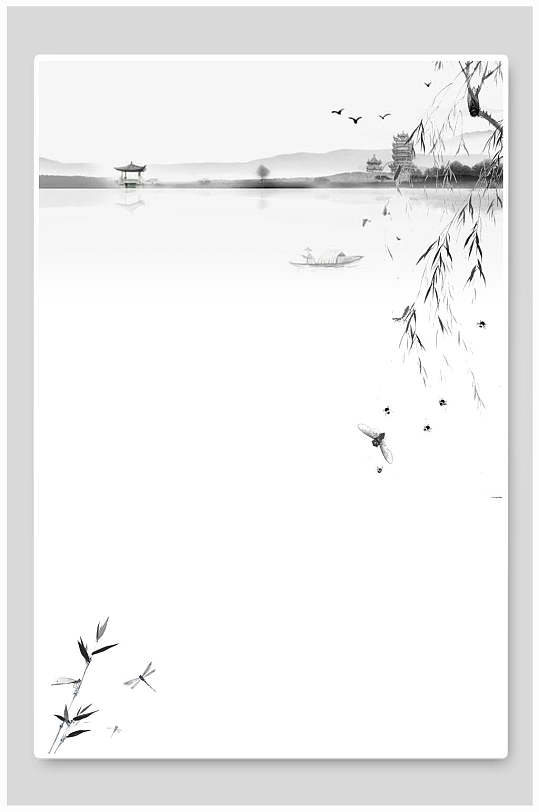 白色柳叶水墨山水背景