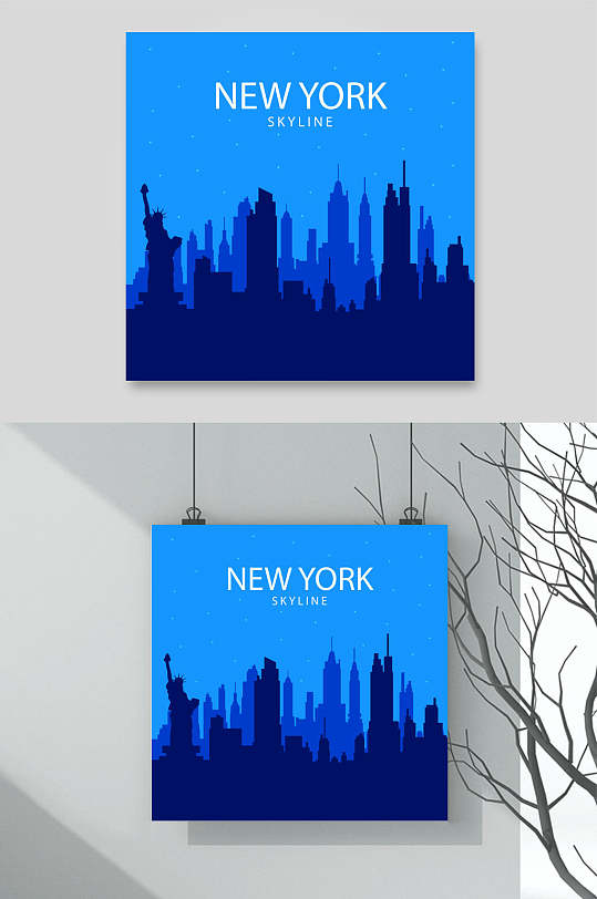 城市剪影插画素材挂画两联纽约城市之光