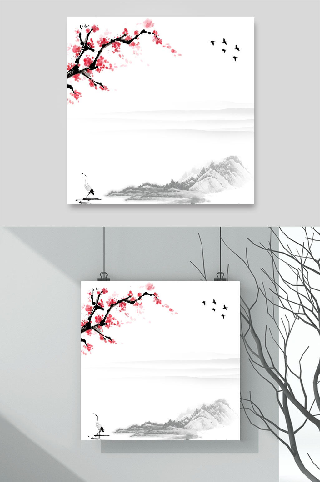 水墨春季山水桃花背景素材素材