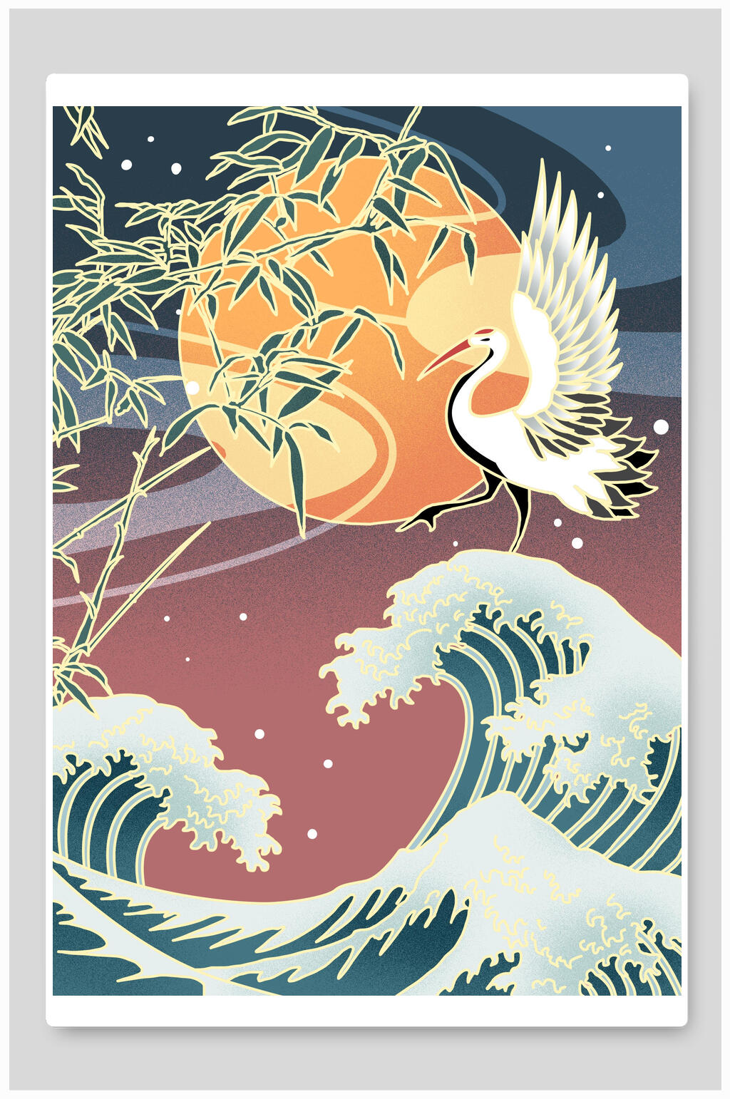 浮世绘插画海浪波纹仙鹤吉祥素材