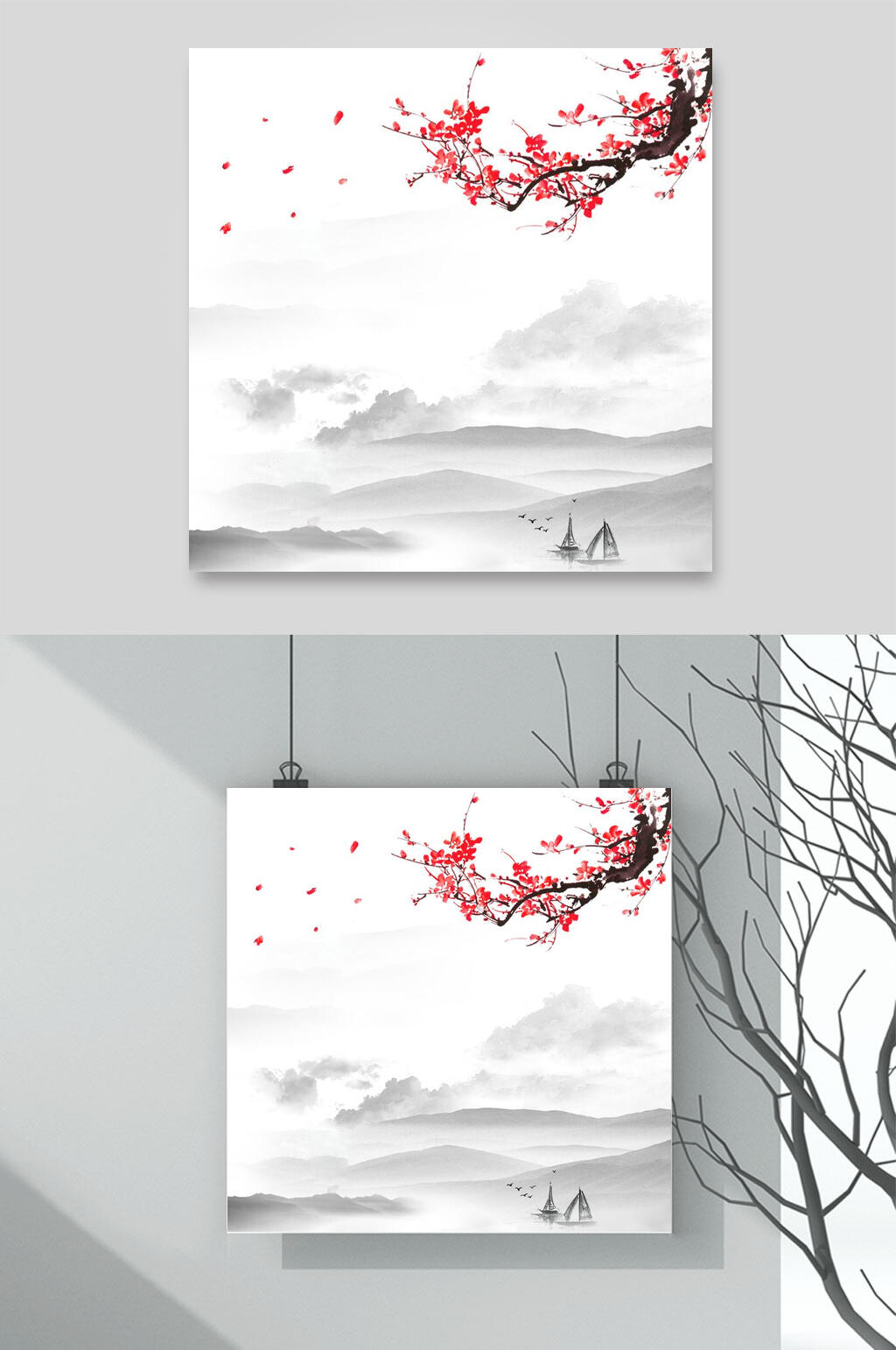 唯美水墨山水桃花背景素材素材