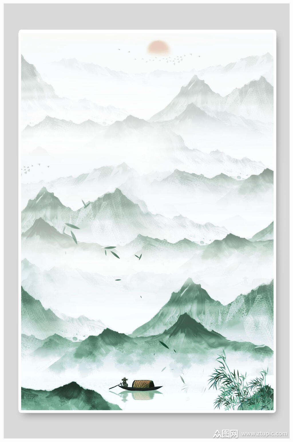 中式海报背景远山孤舟免抠背景素材