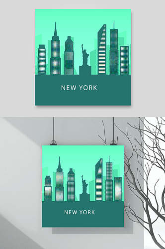 城市剪影插画素材城市轮廓挂画两联
