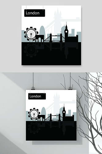 城市剪影插画素材挂画两联英国轮廓