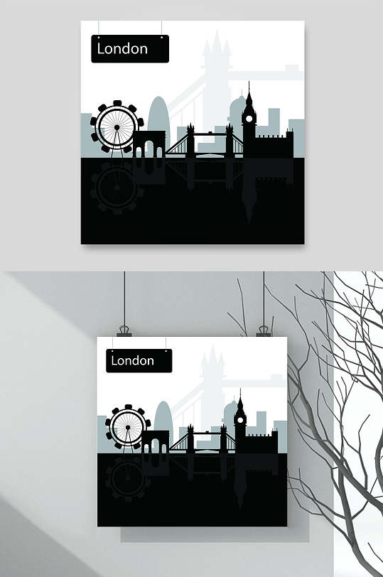城市剪影插画素材挂画两联英国轮廓