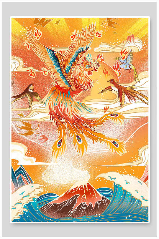 古风百鸟争凤深海国潮插画