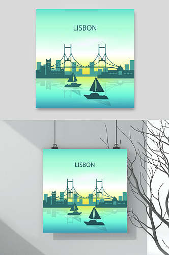 城市剪影插画素材美国红桥