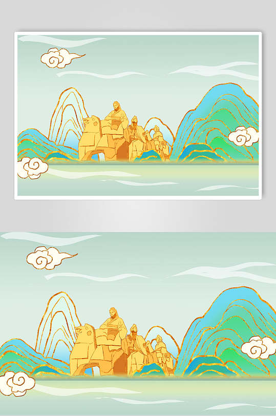 之路群雕建筑插画丝绸红蓝创意高端简约七夕插画素材立即下载粉色淡雅
