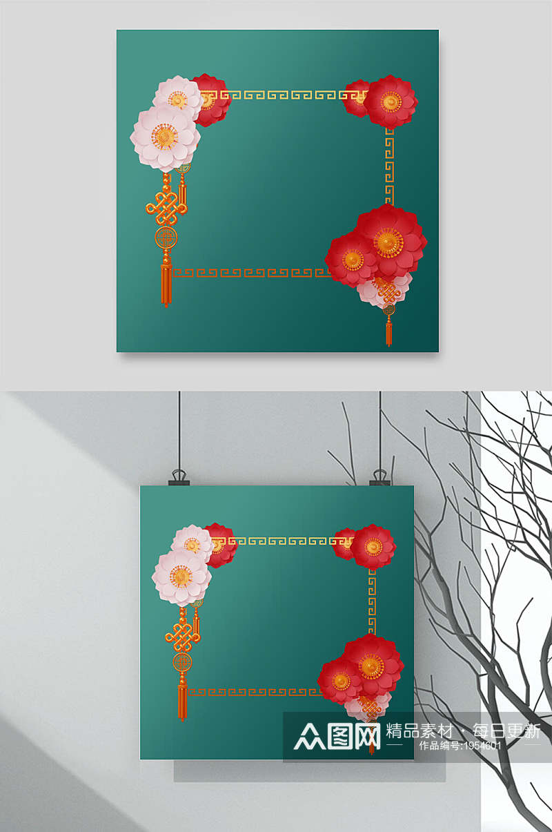 剪纸风花朵灯笼元素挂画两联方框和花素材