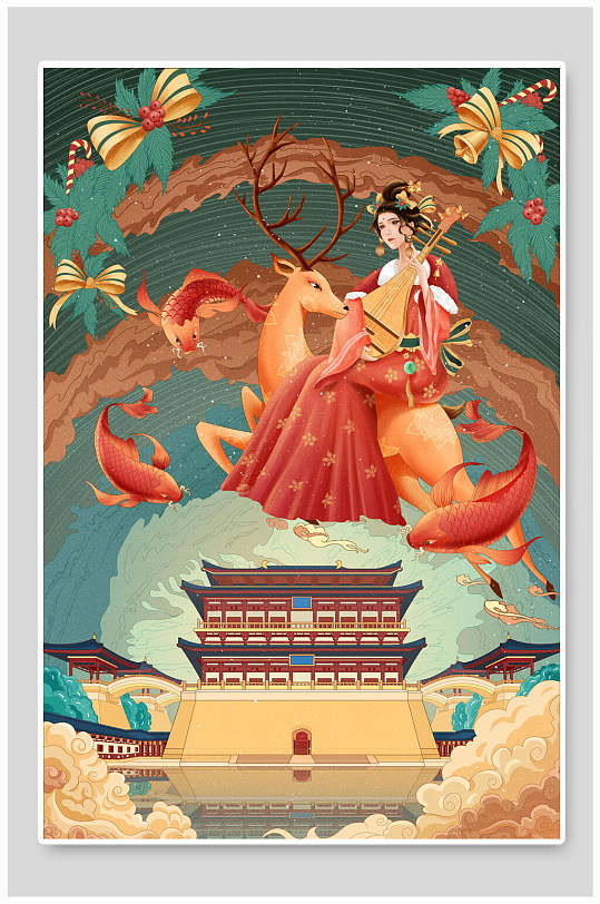 古风仙女仙鹿国潮插画