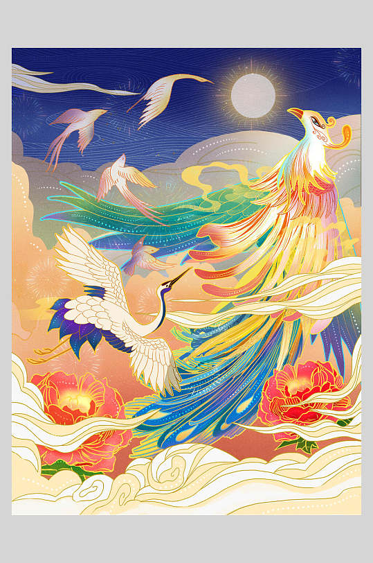 国潮插画元素百鸟朝凤仙鹤吉祥