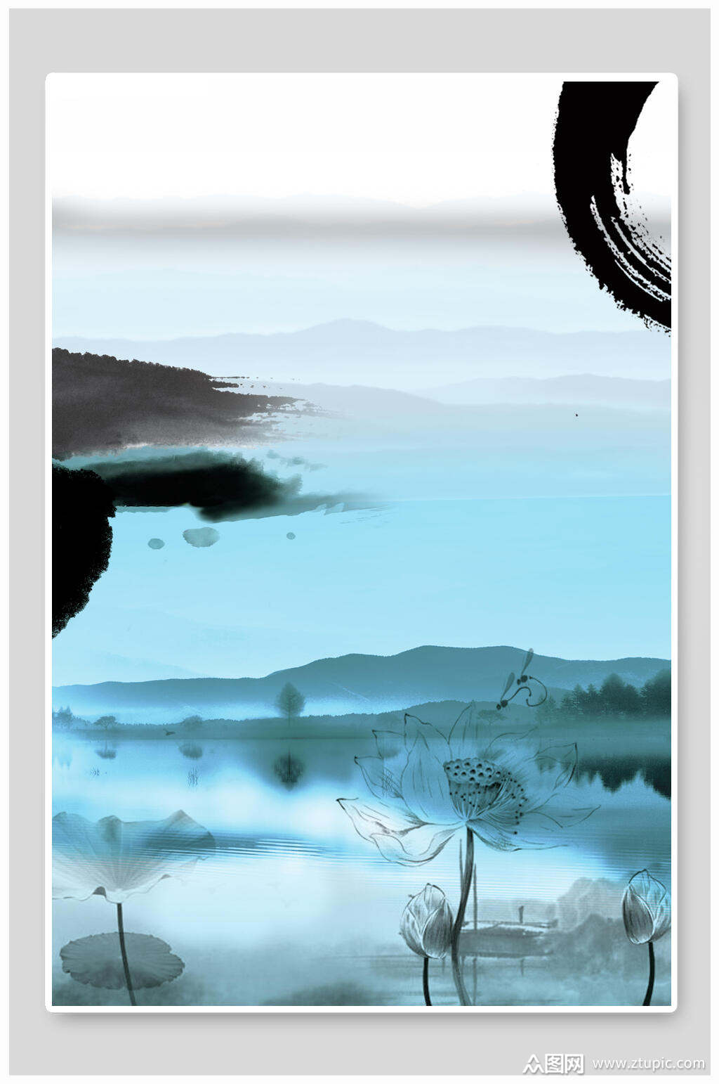水墨山水背景宁静湖面免抠背景海报素材