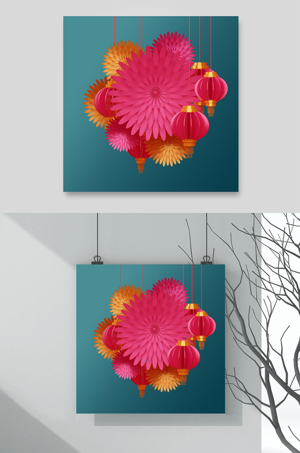 剪纸风花朵灯笼元素挂画两联花朵灯笼素材