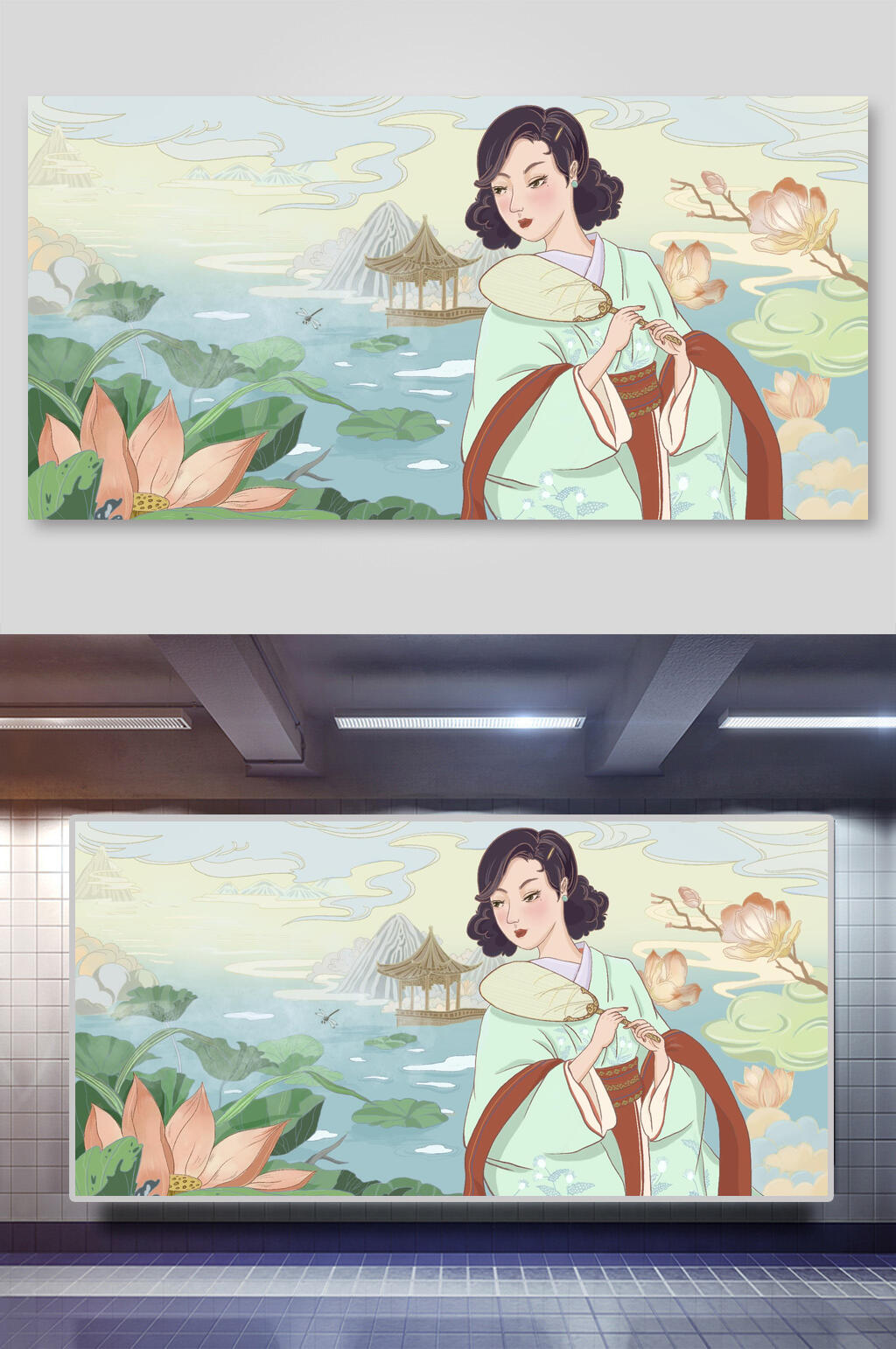 唯美国潮荷花美女插画素材素材