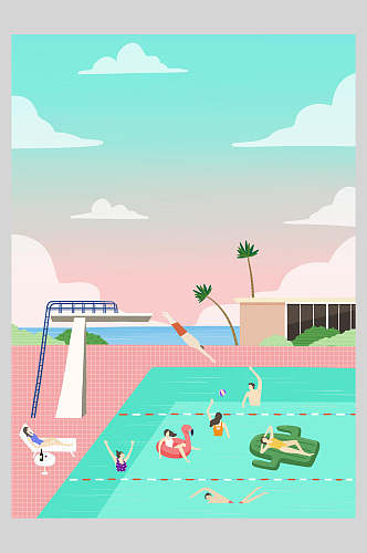 游泳池插画海报