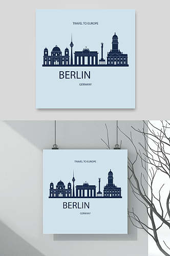 城市剪影插画素材挂画两联柏林城市轮廓