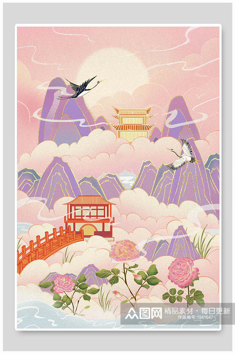 国潮紫色鎏金山水花卉插画素材素材