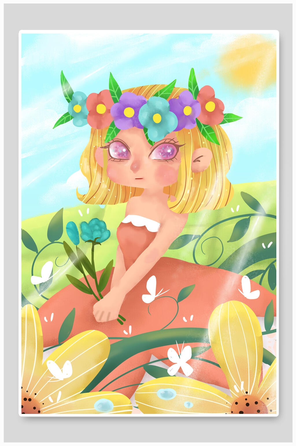清新花卉美女儿童节插画素材素材