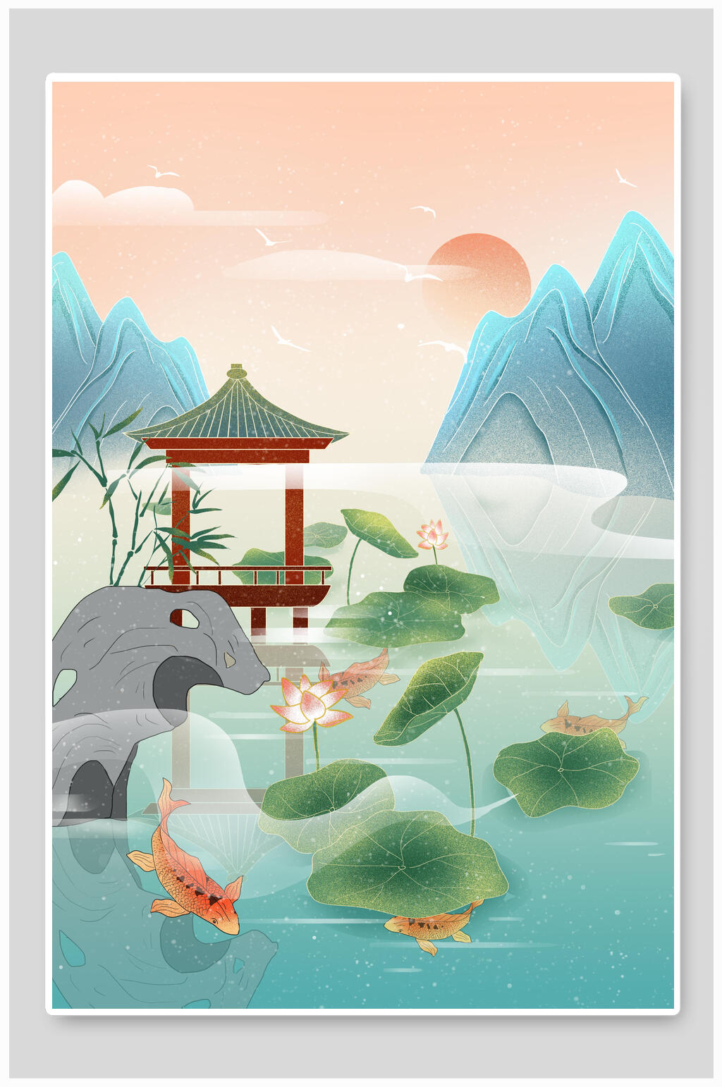 国潮插画亭台楼阁鲤鱼池塘红日初升素材